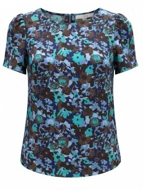 Loft Floral Short-Sleeve Blouse in Teal and Blue